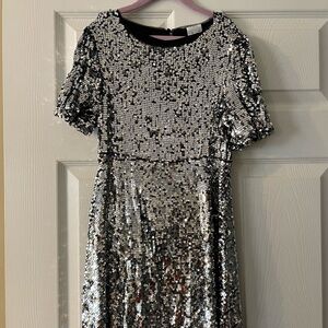 Zara Girls silver Sequins diamond 💎 dress, puff sleeves. Girls size 10. EUC!